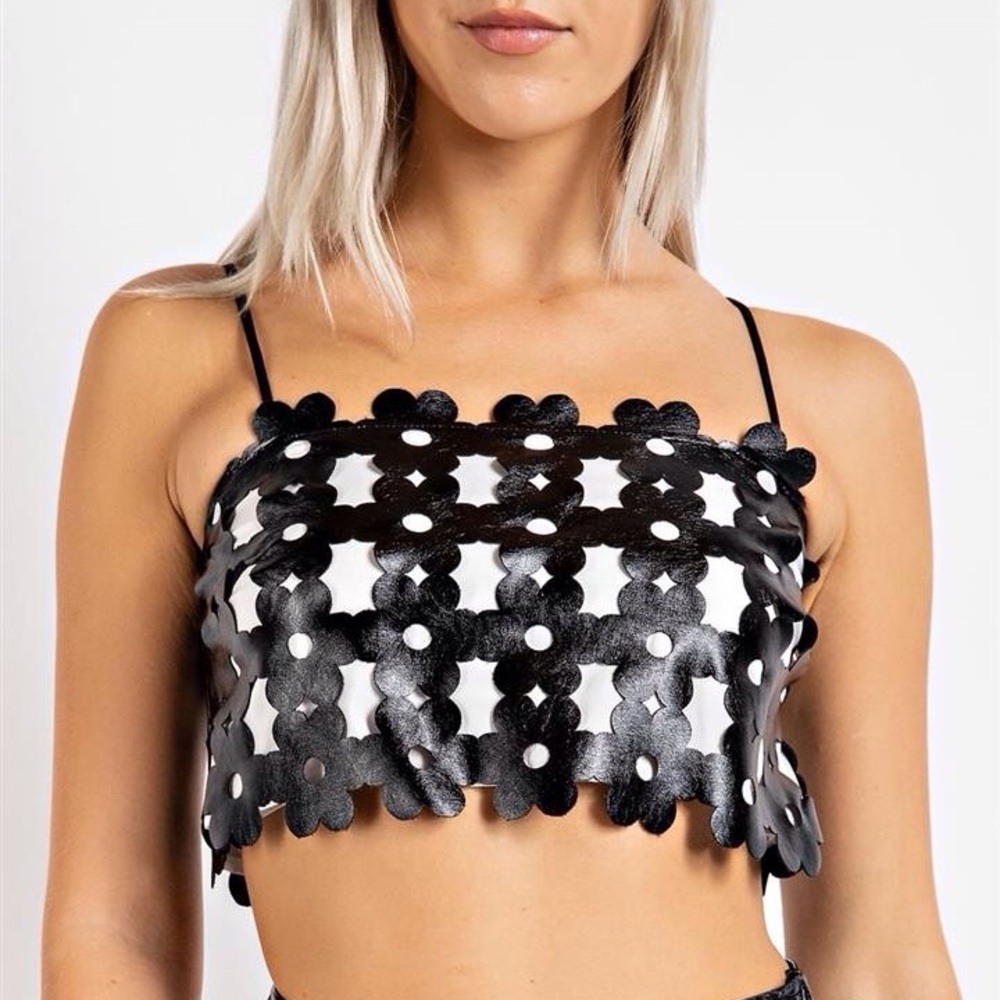 Elegant Black Floral Appliqué Vegan Leather Crop Top